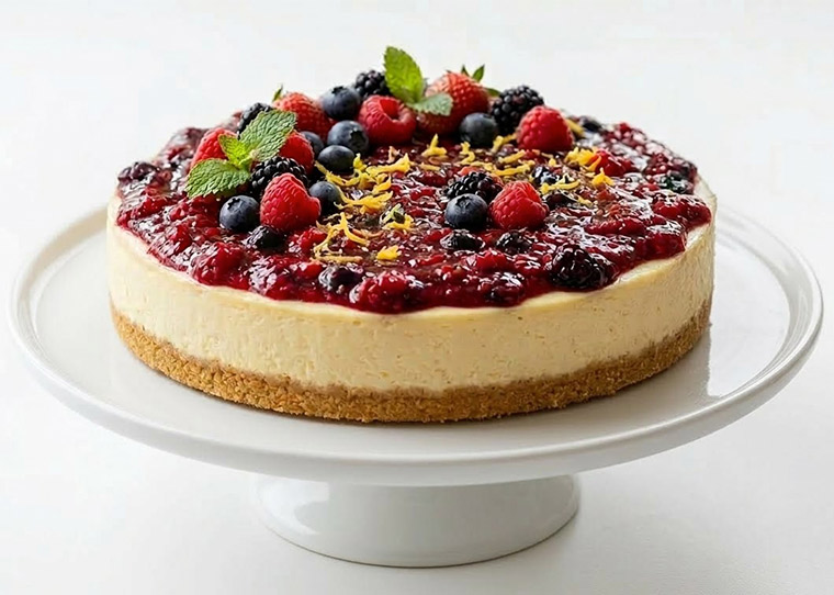Torta Cheesecake de limão siciliano e calda de frutas vermelhas